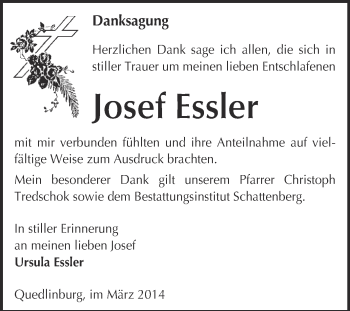 Traueranzeige von Josef Essler von WVG - Wochenspiegel Quedlinburg