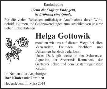 Traueranzeige von Helga Gottowik von WVG - Wochenspiegel Quedlinburg