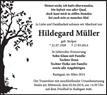 Traueranzeige von Hildegard Müller von Super Sonntag Dessau / Köthen