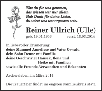 Traueranzeige von Reiner Ullrich von Super Sonntag Aschersleben