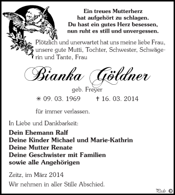Traueranzeige von Bianka Göldner von Super Sonntag Zeitz