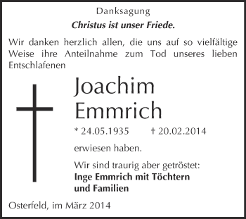 Traueranzeige von Joachim Emmrich von WVG - Wochenspiegel NMB / WSF / ZTZ