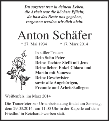 Traueranzeige von Anton Schäfer von WVG - Wochenspiegel NMB / WSF / ZTZ