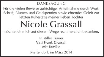 Traueranzeige von Nicole Grassall von WVG - Wochenspiegel NMB / WSF / ZTZ