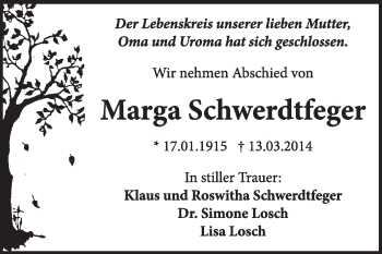 Traueranzeige von Marga Schwerdtfeger von Super Sonntag Dessau / Köthen