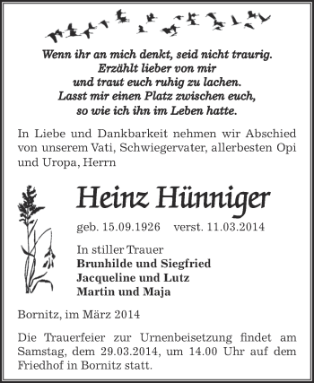 Traueranzeige von Heinz Hünniger von Super Sonntag Zeitz