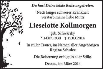 Traueranzeige von Lieselotte Kollmorgen von Super Sonntag Dessau / Köthen