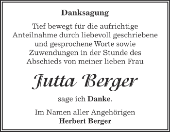 Traueranzeige von Jutta Berger von WVG - Wochenspiegel Dessau / Köthen