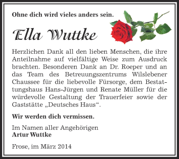 Traueranzeige von Ella Wuttke von WVG - Wochenspiegel Aschersleben