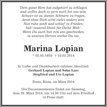 Traueranzeige von Marina Lopian von Super Sonntag Aschersleben