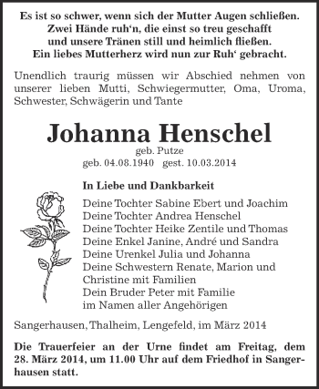 Traueranzeige von Johanna Henschel von Super Sonntag SGH Mansf. Land