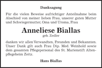 Traueranzeige von Anneliese Biallas von Super Sonntag Zeitz