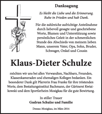 Traueranzeige von Klaus-Dieter Schulze von Super Sonntag Dessau / Köthen