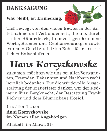 Traueranzeige von Hans Korzyzkowske von Super Sonntag SGH Mansf. Land