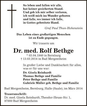 Traueranzeige von Rolf Bethge von Super Sonntag Bernburg