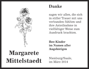 Traueranzeige von Margarete Mittelstaedt von Super Sonntag Bernburg