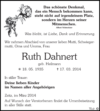 Traueranzeige von Ruth Dahnert von Super Sonntag Zeitz