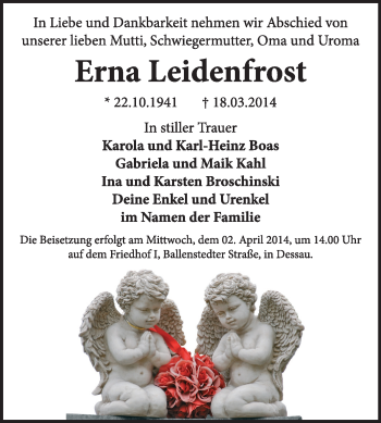 Traueranzeige von Erna Leidenfrost von Super Sonntag Dessau / Köthen