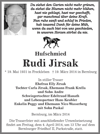 Traueranzeige von Rudi Jirsak von Super Sonntag Bernburg