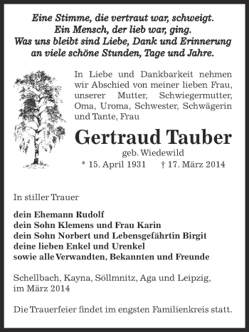 Traueranzeige von Gertraud Tauber von Super Sonntag Zeitz