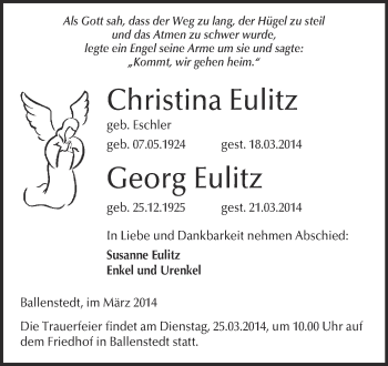 Traueranzeige von Christina Eulitz von WVG - Wochenspiegel Quedlinburg