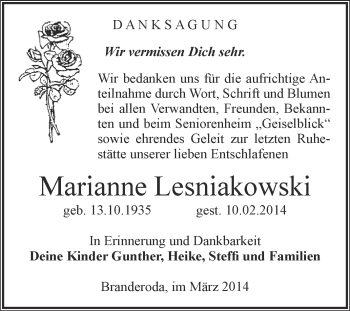 Traueranzeige von Marianne Lesniakowski von WVG - Wochenspiegel Merseburg