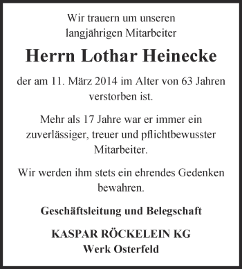 Traueranzeige von Lothar Heinecke von WVG - Wochenspiegel NMB / WSF / ZTZ