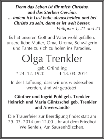 Traueranzeige von Olga Trenkler von WVG - Wochenspiegel NMB / WSF / ZTZ