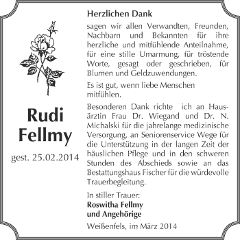 Traueranzeige von Rudi Fellmy von WVG - Wochenspiegel NMB / WSF / ZTZ
