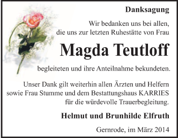 Traueranzeige von Magda Teutloff von WVG - Wochenspiegel Quedlinburg
