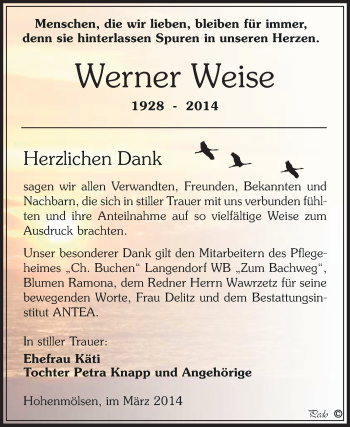 Traueranzeige von Werner Weise von WVG - Wochenspiegel NMB / WSF / ZTZ
