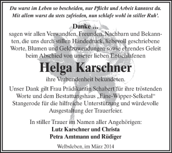 Traueranzeige von Helga Karschner von Wochenspiegel Mansfelder Land