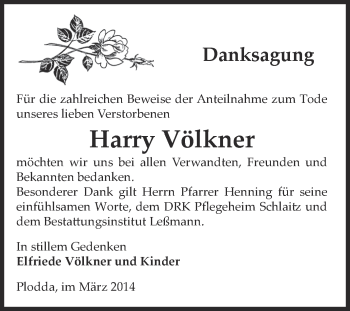 Traueranzeige von Harry Völkner von WVG - Wochenspiegel Bitterfeld