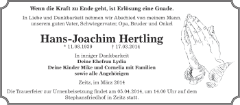 Traueranzeige von Hans-Joachim Hertling von Super Sonntag Zeitz