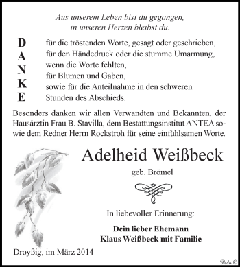 Traueranzeige von Adelheid Weißbeck von Super Sonntag Zeitz