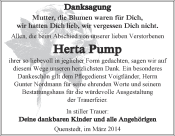 Traueranzeige von Herta Pump von Super Sonntag SGH Mansf. Land