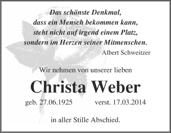 Traueranzeige von Christa Weber von WVG - Wochenspiegel NMB / WSF / ZTZ