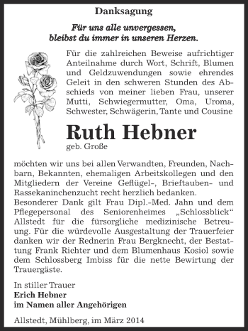 Traueranzeige von Ruth Hebner von Super Sonntag SGH Mansf. Land