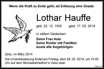 Traueranzeige von Lothar Hauffe von Super Sonntag Zeitz