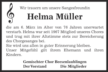 Traueranzeige von Helma Müller von Super Sonntag Bernburg