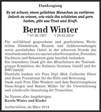 Traueranzeige von Bernd Winter von Super Sonntag Aschersleben