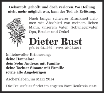 Traueranzeige von Dieter Rust von Super Sonntag Aschersleben