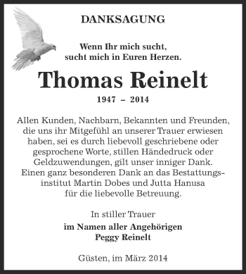 Traueranzeige von Thomas Reinelt von Super Sonntag Bernburg