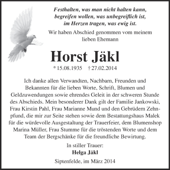 Traueranzeige von Horst Jäkl von WVG - Wochenspiegel Quedlinburg