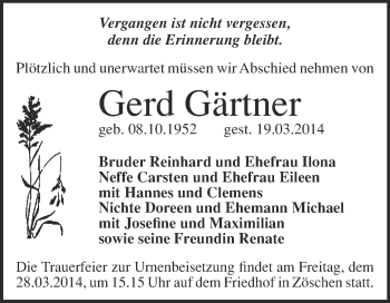Traueranzeige von Gerd Gärtner von Super Sonntag Merseburg