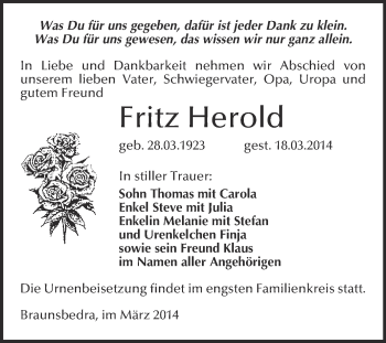 Traueranzeige von Fritz Herold von WVG - Wochenspiegel Merseburg