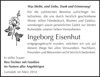 Traueranzeige von Ingeborg Eisenhut von WVG - Wochenspiegel Merseburg