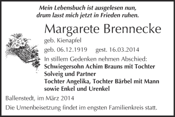 Traueranzeige von Margarete Brennecke von WVG - Wochenspiegel Quedlinburg