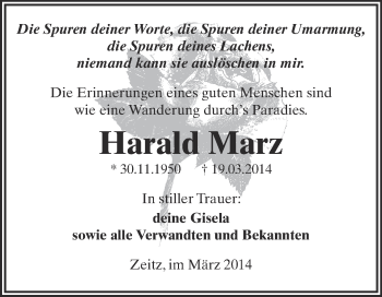 Traueranzeige von Harald Marz von Super Sonntag Zeitz