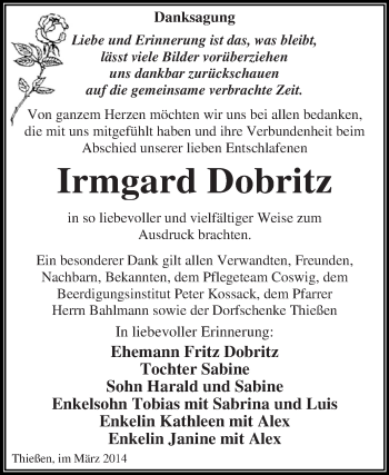 Traueranzeige von Irmgard Dobritz von WVG - Wochenspiegel Dessau / Köthen